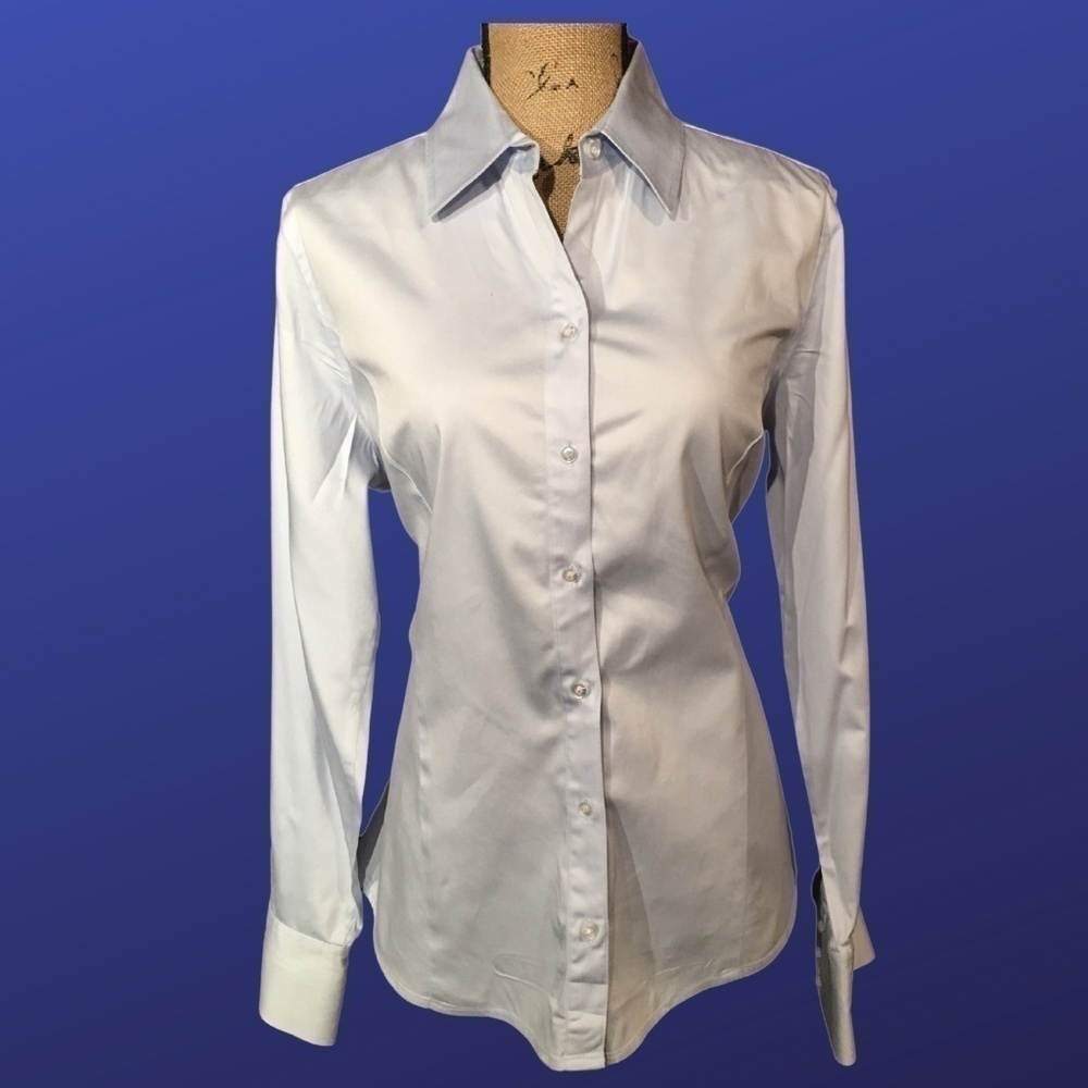 𝅺MERONA, Pre-owned Stretchy Fitted Blouse, LIGHT BLUE, Long sleeves; Size XL